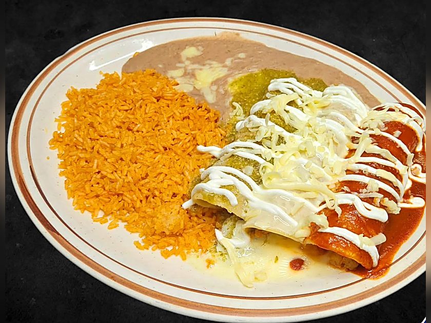 Enchiladas Bandera in green, white, and red sauces